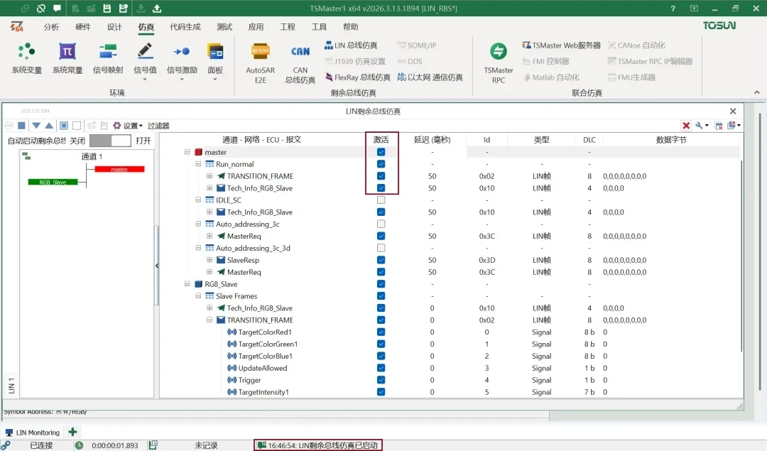 When running the LIN RBS function, the activation status of message sending can be controlled in a fine-grained and dynamic manner.