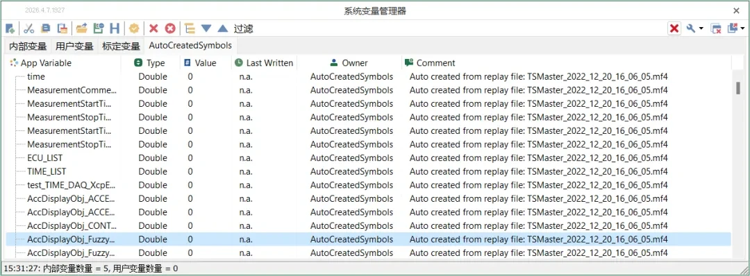 干货分享 | TSMaster不依赖A2L文件回放MF4文件的操作指南 4 TSMaster系统变量管理器-AutoCreatedSymbols自动创建分组