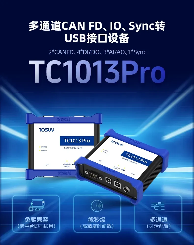 新品发布 | TC1013Pro焕新上市:新增I/O与Sync接口,拓展更多测试应用场景 1 同星智能TC1013Pro多通道CAN FD、IO、Sync转USB接口设备产品图