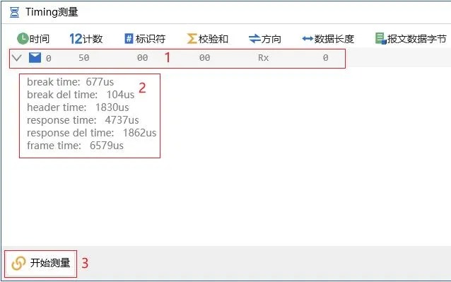 LIN Timing测量界面，显示帧各段时间测量结果