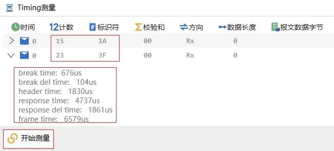 使用示例：LIN Timing测量结果列表